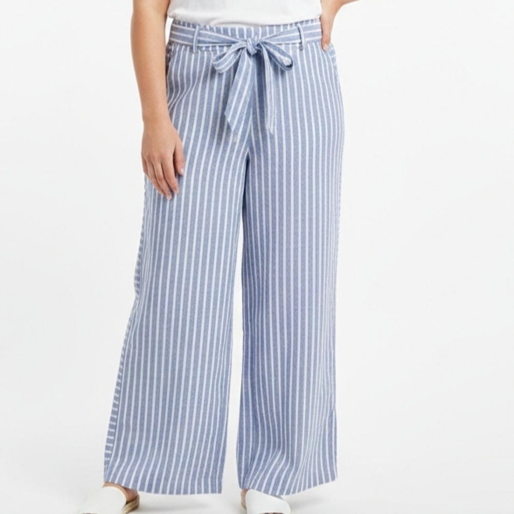 Suzanne Betro Blue White Striped Linen Wide Leg Pants 2X New With Tags